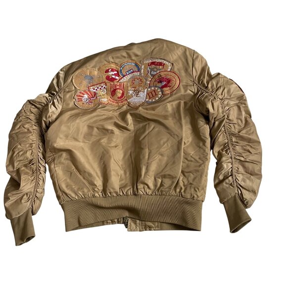 Uncle Ralph Mens Medium Bomber Jacket With Embroidered Patches Beige & Orange - Picture 9 of 11
